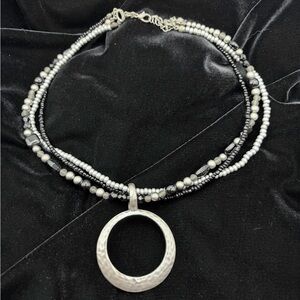 Silver and Black Beaded Necklace with Pendant